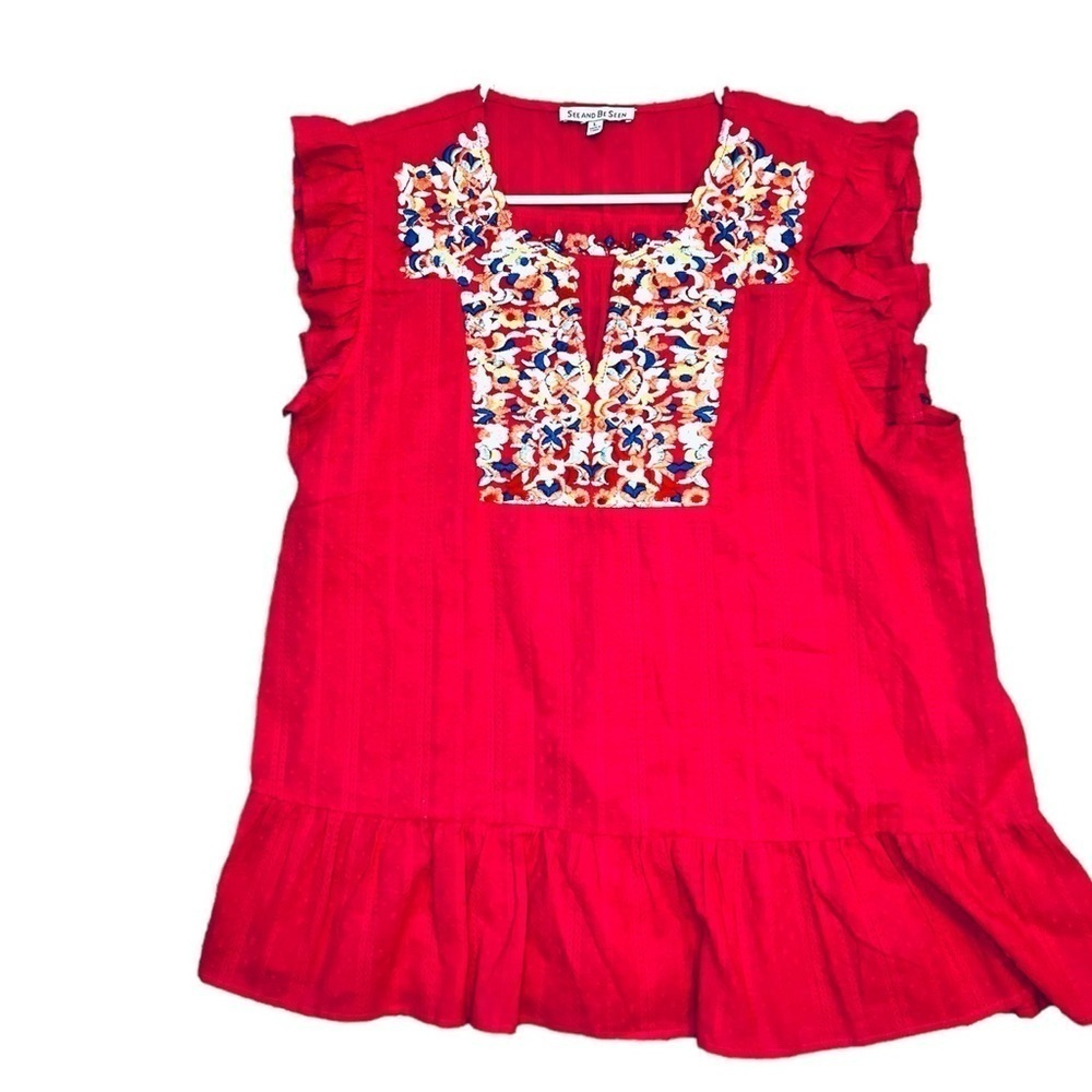 2/$30 See And Be Seen - Pink Embroidered Ruffle Sleeve Boho Blouse Size L